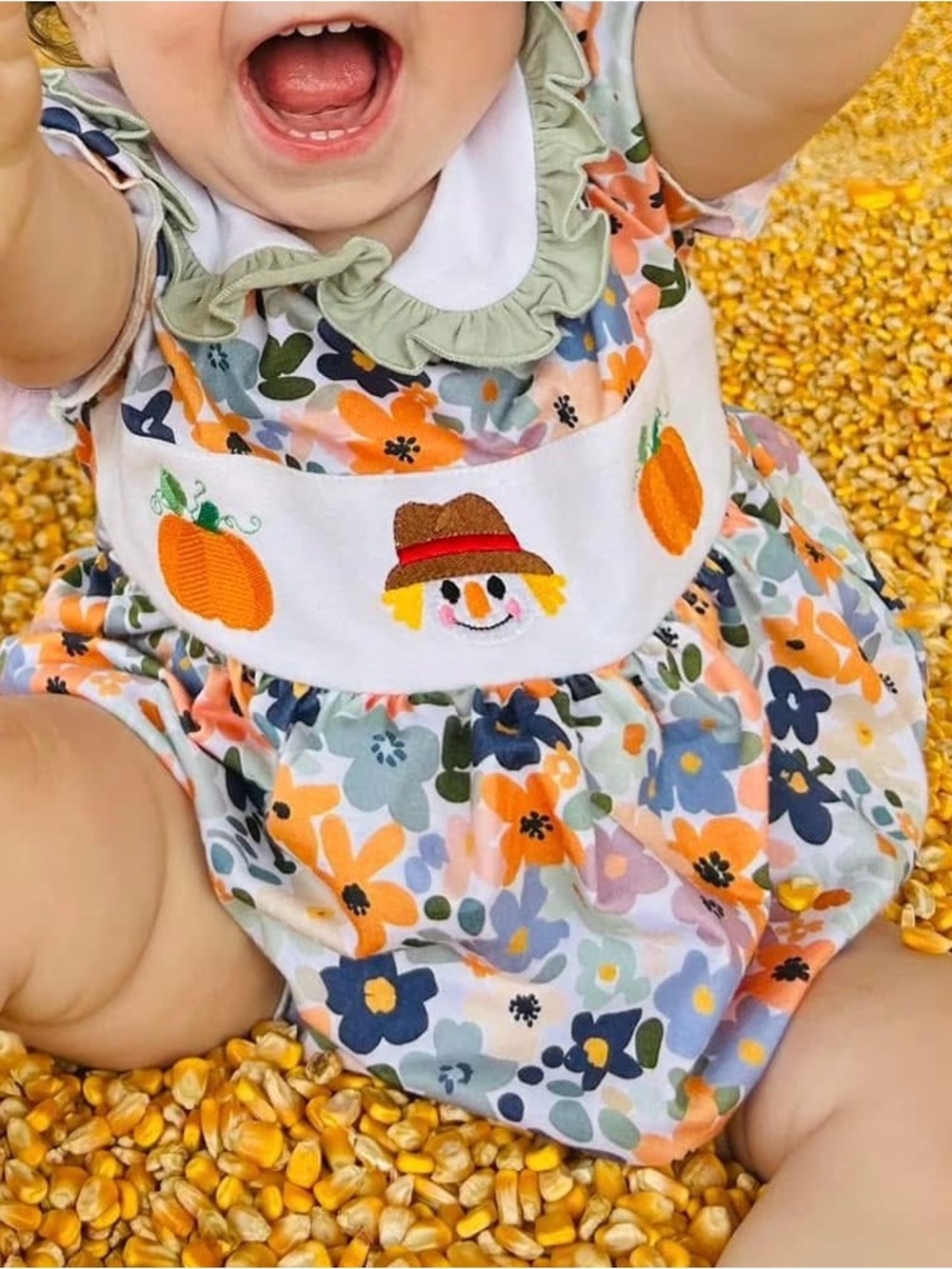 Fall Baby Floral Pumpkin Bubble with Green Ruffle Collar